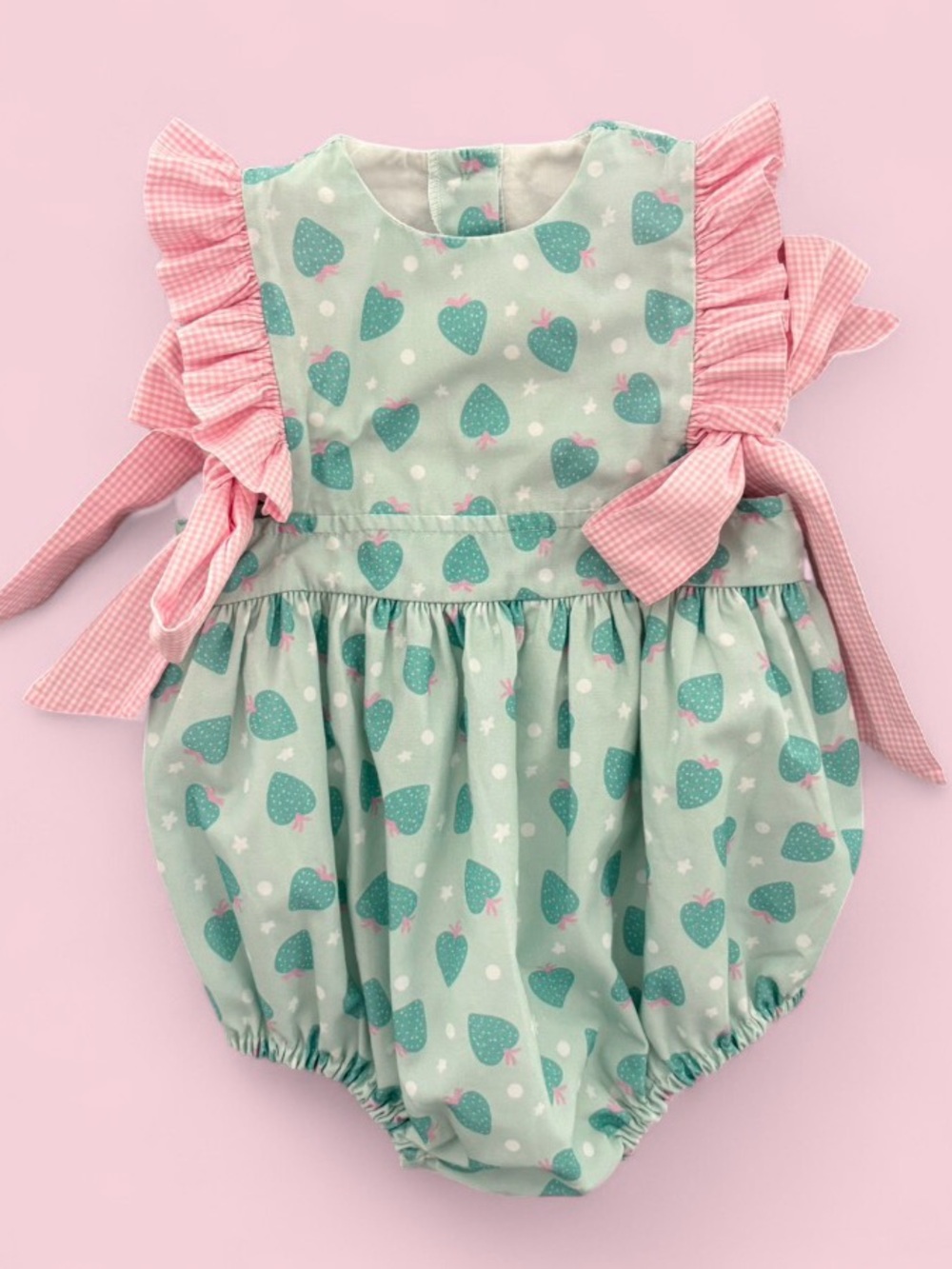 James & Lottie Blue Strawberry Print Pink Bow Tie Shoulder Bubble Romper Sz 6M